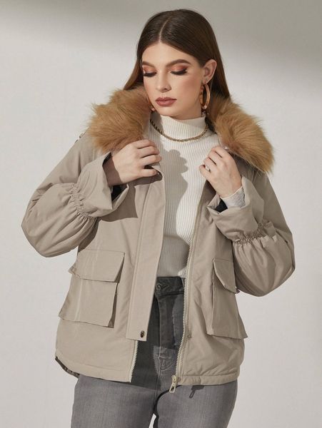 

flap pocket flounce sleeve fuzzy collar winter coat 94oe#, Black