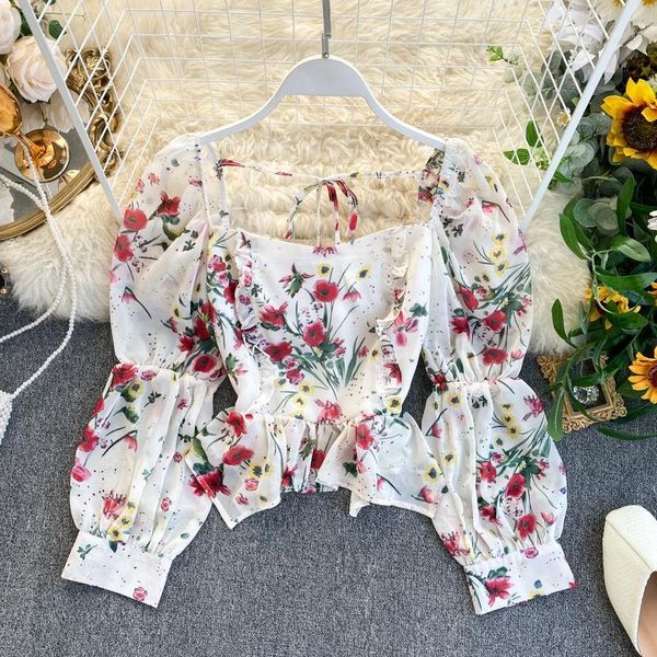 

womens blouses and french style floral print square neck designer irregular ruffle elastic chiffon shirt back tie 1, White