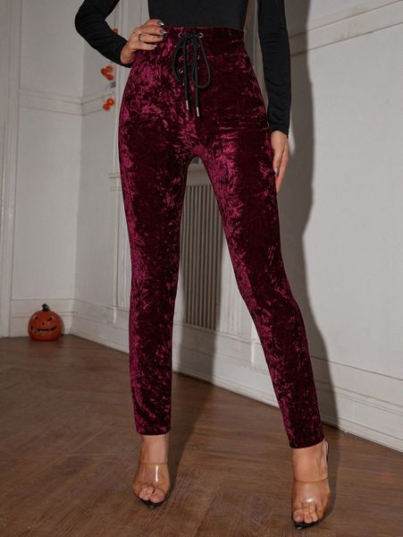 

lace up front velvet leggings 82rv#, Black