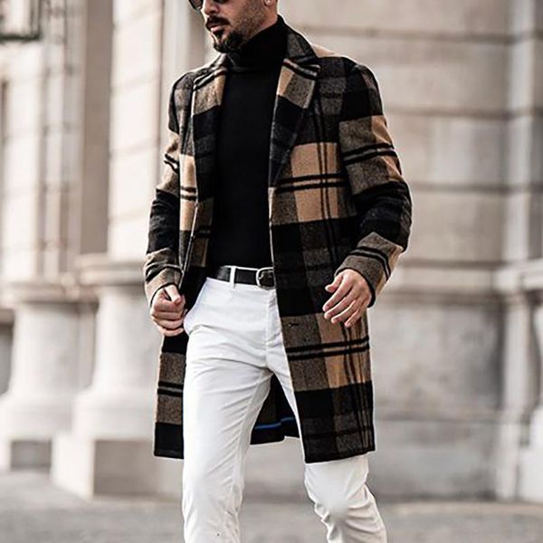 

2021 spring autumn men's plaid woolen slim fit medium - length casual men's overcoat, Black