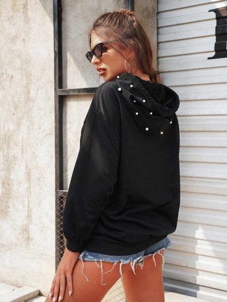 

pearls detail drawstring drop shoulder hoodie q0lx#, White;black