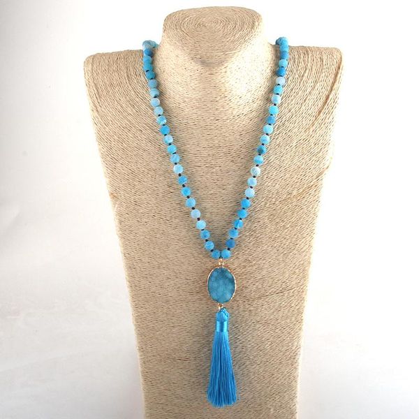 

md fashion bohemian tribal jewelry glass & stone long knotted druzy link crystal tassel necklaces for women necklace, Silver