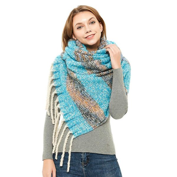 

scarves ouoi cashmere scarf european and american style thickened shawl autumn winter fringed twist braid striped, Blue;gray