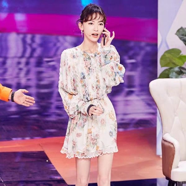 

2020 new wu jinyan same up long sleeve chiffon wave laceshort skirt lace lace super fairy short skirt oqvsv, Black;gray