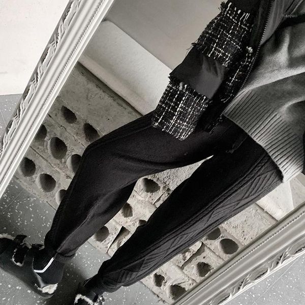 

thicken women harem pants casual drawstring twisted knitted pants female chic warm sweater trousers 2020 winter1, Black;white