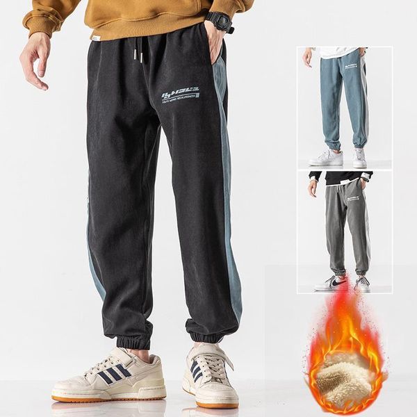 

winter plus velvet men casual pants warm sweat pants men fleece joggers striped gyms clothing fashion bottoms streetwear cargo1, Black