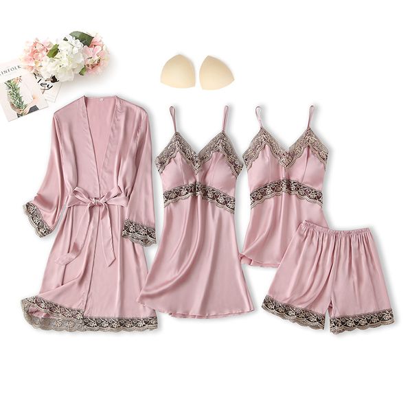 

women pajamas set satin 4pcs sleepwear nightgown hollow out intimate lingerie spring new lace patchwork kimono gown, Black;red