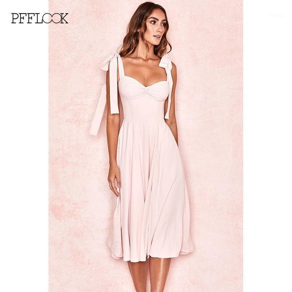 

pfflook bow tie spaghetti strap summer midi dress women sleevess backless pink robes casual fit and flare elegant vestidos 20201, Black;gray