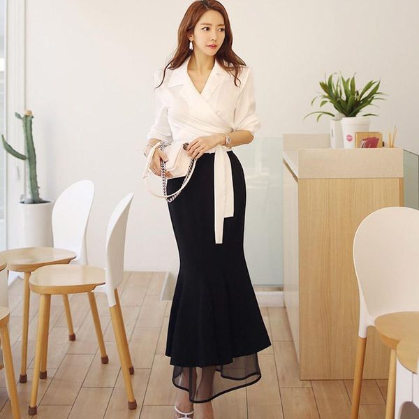 

2019 autumn office ladies 2 pieces set women long sleeve notched lace-up bow white blouse shirt+long ruffles mermaid skirt suit