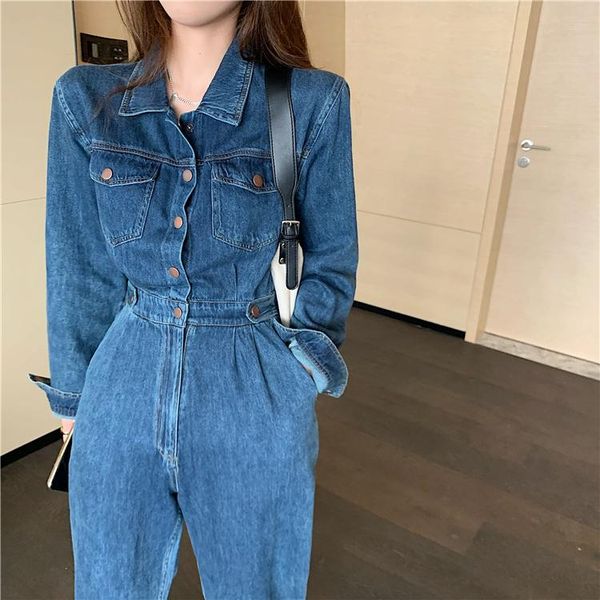

новая мода streetwear джинсовый комбинезон женщины 2020 осень turn down воротник с длинным рукавом bodysuit высокой талией джинсы rompers ко, Black;white
