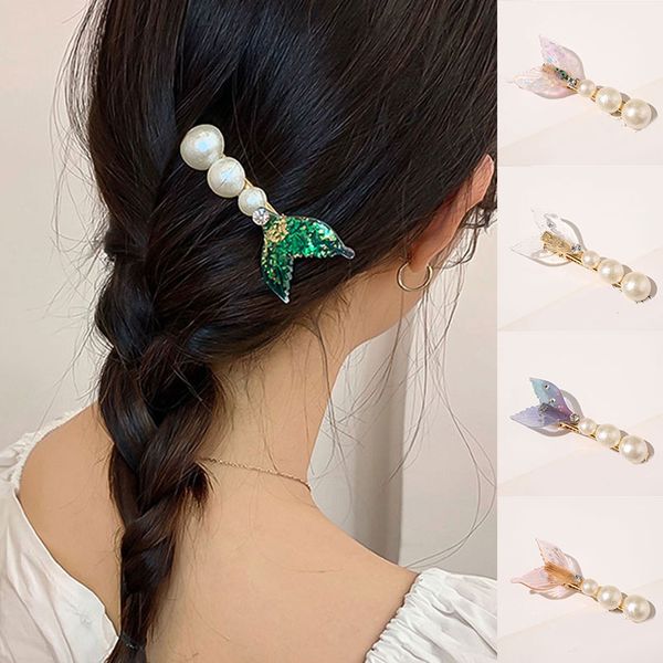 

women sequins hair clips mermaid fishtail rhinestone pearl hairpins korean sweet crystal barrettes clips hair accessories, Golden;silver