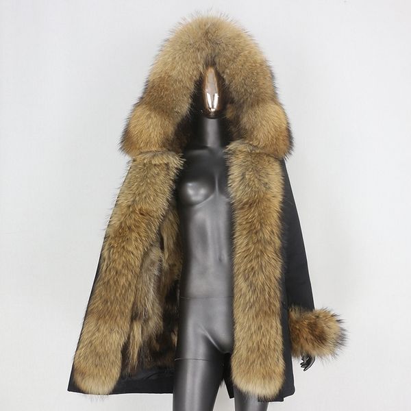 

bluenessfair long waterproof parka winter jacket women real fur coat natural raccoon fox fur outerwear streetwear removable 210204, Black