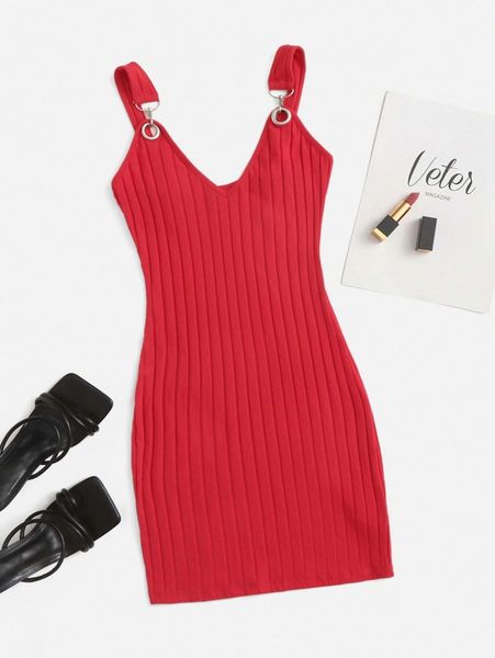 

o-ring strap rib-knit bodycon dress y542#, Black;gray