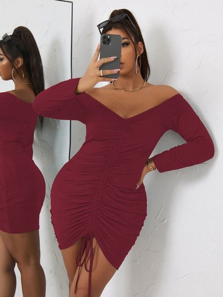 

plus drawstring front off the shoulder bodycon dress i7g8#, Black