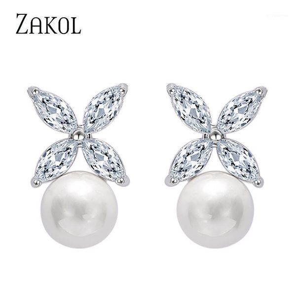 

zakol white color crystal zircon flower stud earrings imitation pearl wedding jewelry boucles d'oreilles fsep5251, Golden;silver