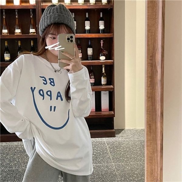 

2021 spring loose letter smiley face long sleeve matted and thickened bottom layer white t-shirt 33610