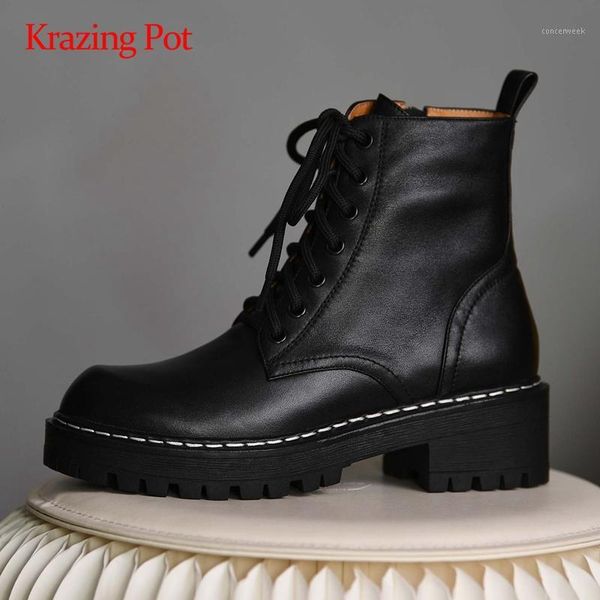 

boots krazing pot motorcycle natural leather handsome punk round toe thick med heel lace up platform keep warm ankle l711, Black