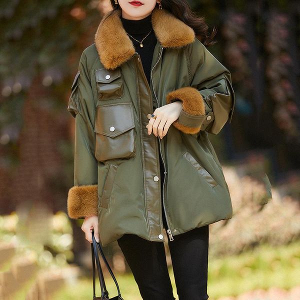 

women's fur & faux duck down jacket women winter thick warm batwing long sleeve loose plus size genuine leather pocket and real collar, Black