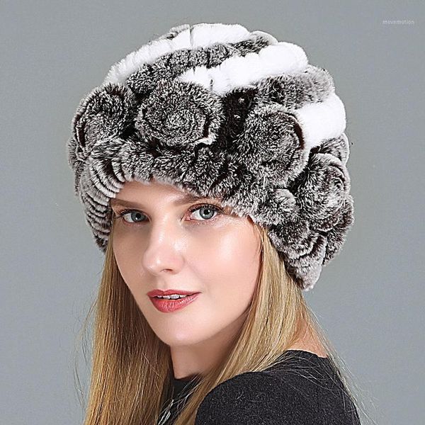 

winter women 100% natural real fur hats lady warm soft knit flower striped genuine rex fur caps outdoor beanies hats1, Blue;gray