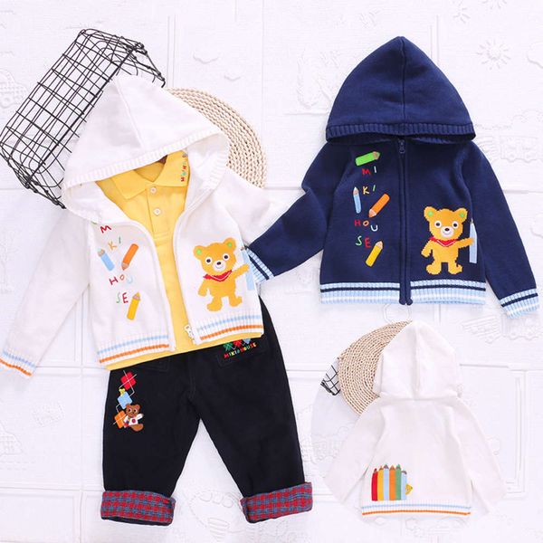 

miki children's clothing 20 years autumn winter new boys and girls cartoon pencil bear hooded sweater coat, Blue