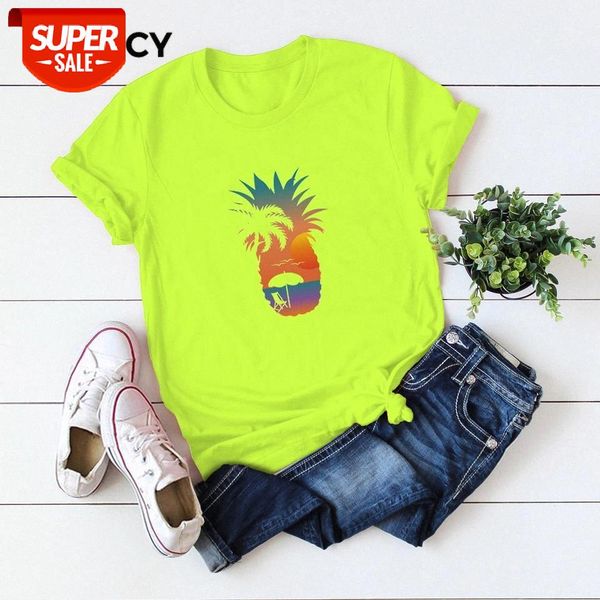 

jfuncy 2020 summer women shirt clothing pineapple beach print harajuku graphic tee plus size female short sleeve cotton #rs97, White