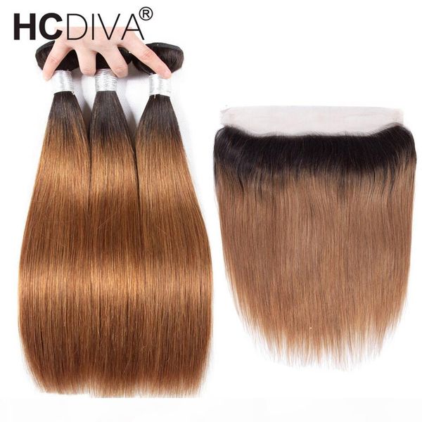 

ombre bundles with frontal closure brazilian virgin hair straight brown bundles with closure two tone dark roots human hair weaving, Black;brown