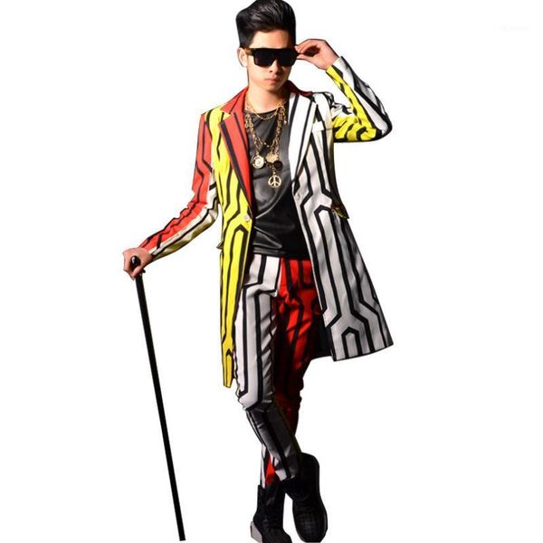 

male stripe long suit coat slim fit trouser men fashion show stage costumes casual suit blazers jacket1, White;black