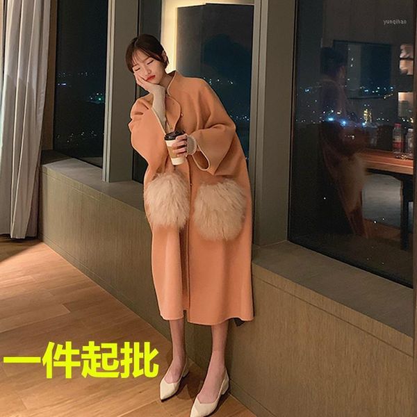 

the new cloth coat female national wind double-sided tape woolen cloth beach wool cashmere coat long pocket1, Black