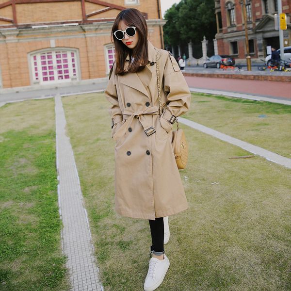

fashion england style women duster coat khaki trench coat long double breasted with belt spring autumn lady outerwear for female 1028, Tan;black