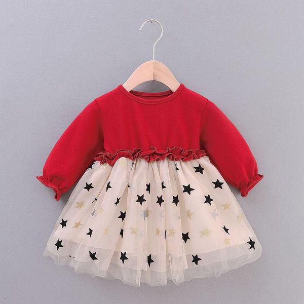 

детское платье 2021 осень зима новые девушки вязание пятиугольные звездные сетки сращивание платье девочка с длинным рукавом принцесса, Red;yellow
