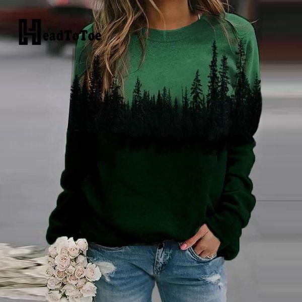 

printed women chic loose casual sweatshirts sleeve autumn long round neck landscape hoodie semsr, Black;white