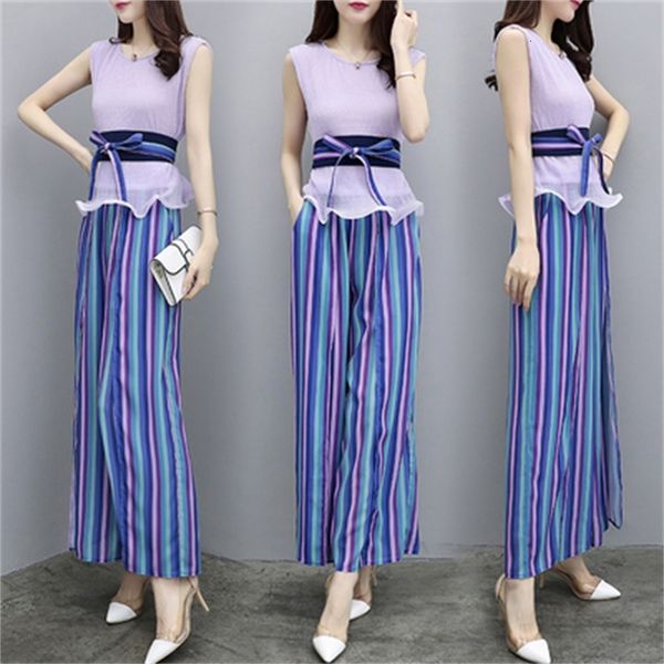 

no sleeves and trousers piece female long striped leg femme senior year women's attire jgwp, White