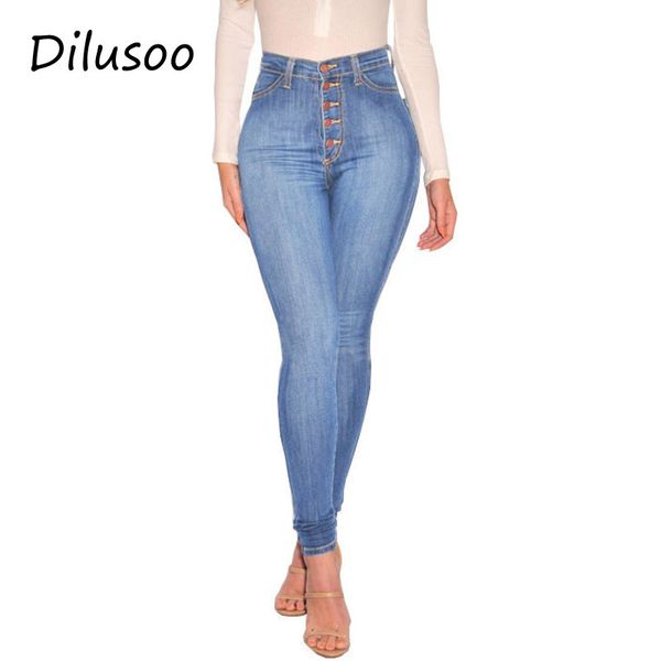 

dilusoo women high waist denim jeans elastic cowboy pencil pants full length trousers breasted woman skinny casual jeans ladies 201105, Blue