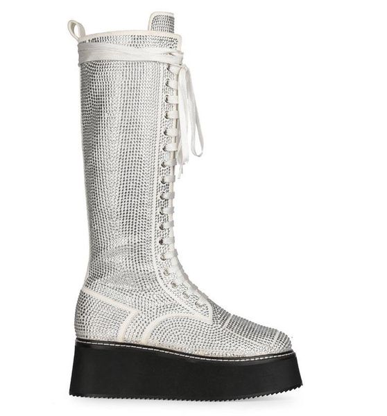 

шикарная женщина bling bling rhinestone boots женщина толстая танкетке узелок кристал колено высокие сапоги длинные мартин женщины, Black