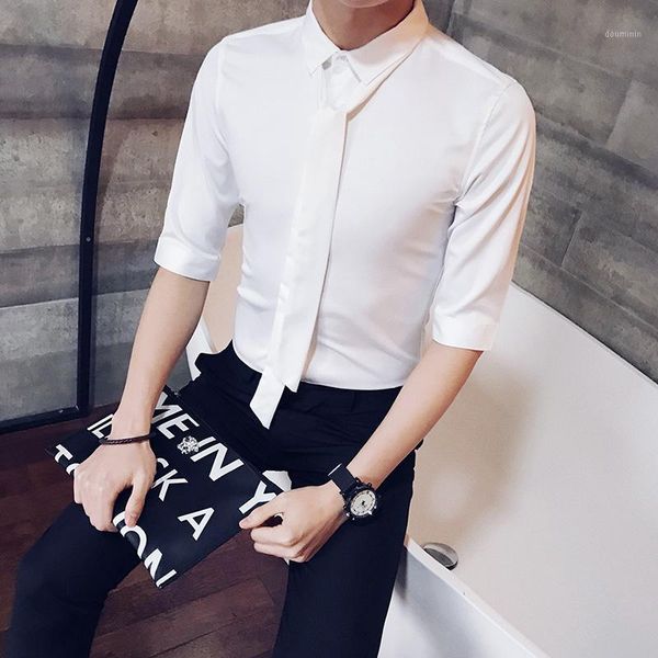 

plus size 5xl-s solid shirt men fashion night club prom tuxedo dress half sleeve slim fit mens casual shirts with tie 4colors1, White;black