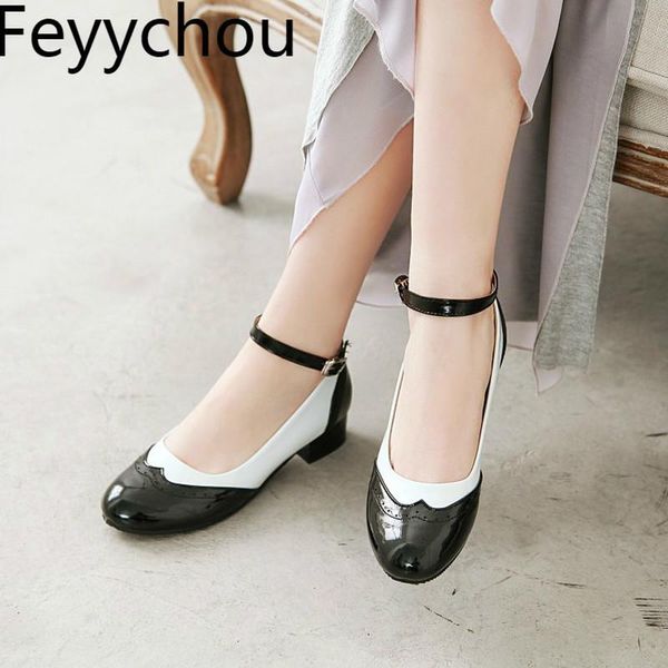 

women pumps low heel round toe buckle ankle strap mixed-colors patent leather autumn new fashion casual black big size34-48
