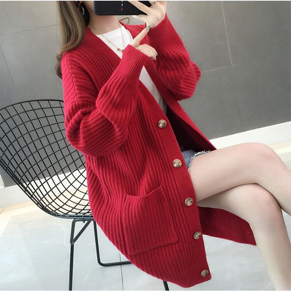 

2021 new hard-colored cardigan sweater ladies autumn and winter long sleeve casual with v jacket, White;black