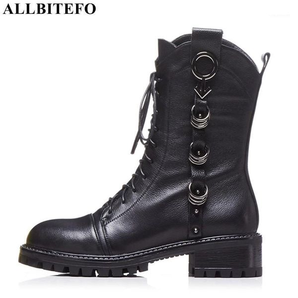 

boots allbitefo genuine leather thick heel women motorcycle brand heels autumn girls shoes1, Black