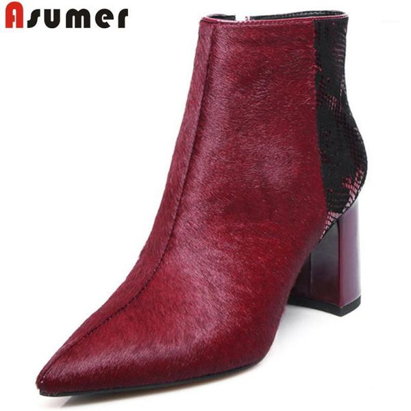 

asumer big size 34-43 pointed toe ankle boots zip horsehair+snakeskin boots fashion thick high heels ladies prom shoes 2021 new1, Black