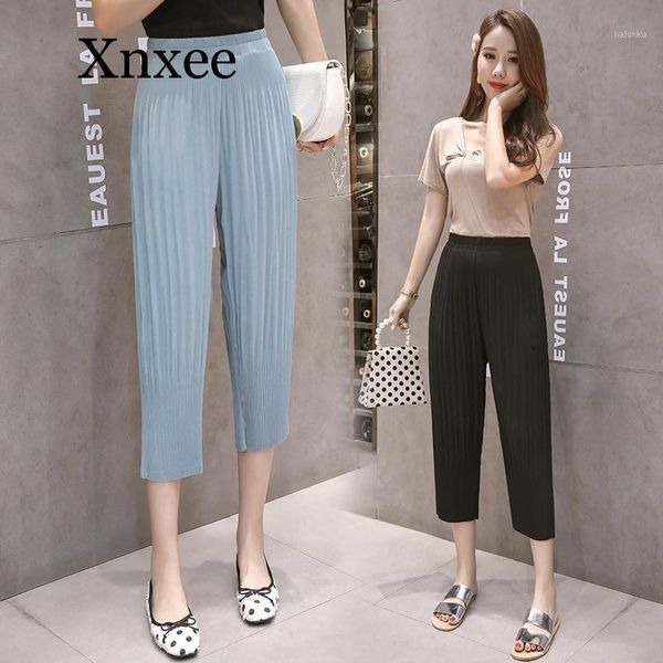 

women's pants & capris elegant blue women slim harem spring summer plus size bottom chiffon fold calf-length pleated trousers pants1, Black;white