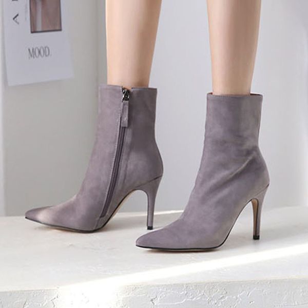 

2021 new fine-tips heels autumn-winter-boot single sanded velvet high-heeled short red boots women 9lee, Black