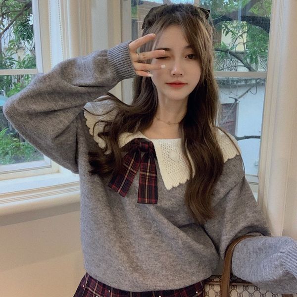 

autumn 2020 new loose bow sweater + broken diamond plaid pleated skirt 2-piece fashion suit for women