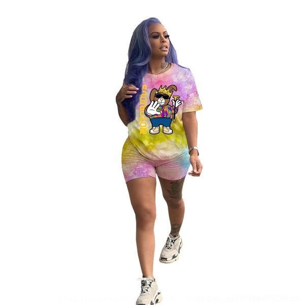 

alnxn d9247 women's fashion casual tie-dyed and cartoon women's short sleeve two-piece set d9247 printed shorts casual tie-dyed an, Gray
