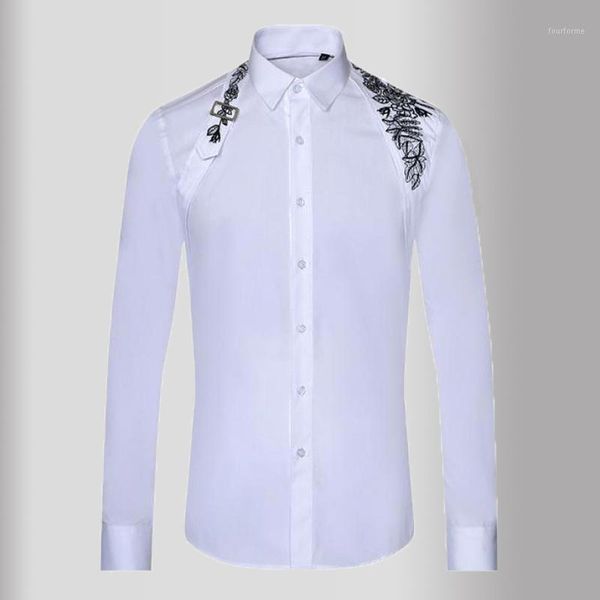 

men's casual shirts white mens luxury long sleeve high density embroidery dress metal button slim fit male1, White;black