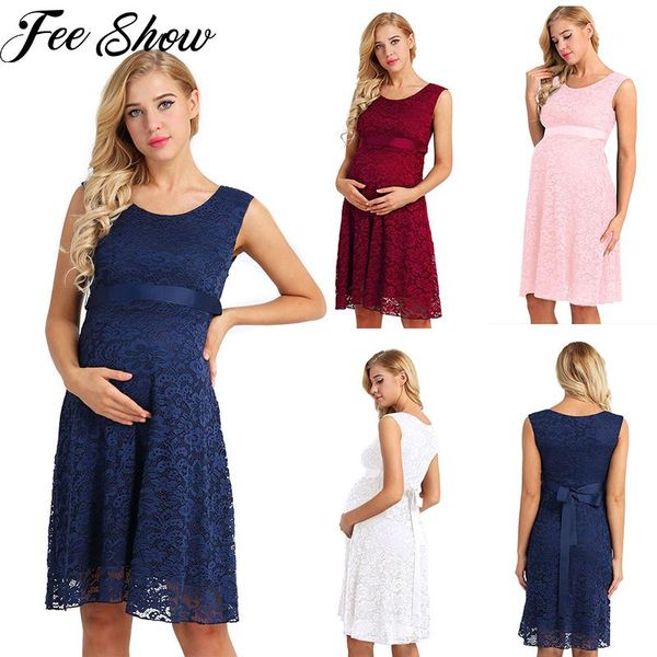 

maternity dresses elegant floral lace overlay dress women pregnancy sleeveless party cocktail with ribbon belt for baby shower, White