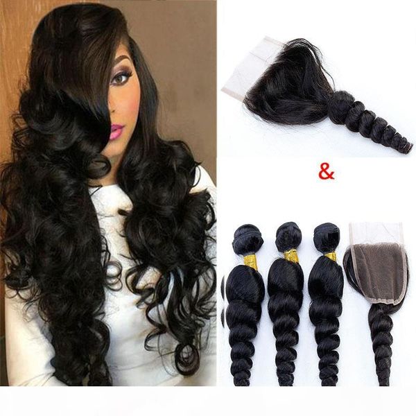 

brazilain virgin hair loose wave human bundles with closure human hair wefts weave extensions with closure natural color hair vendors, Black;brown