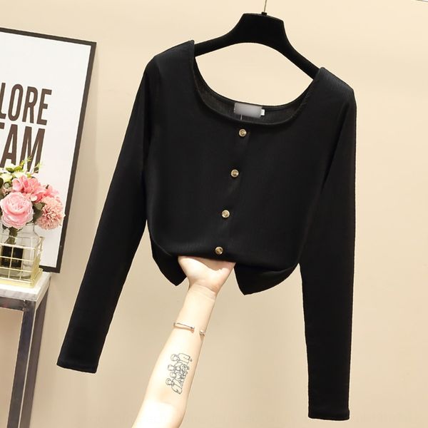 

solid color t-shirt women's coat t-shirt autumn 2020 new fashion cotton slim slim square neck high waist short knitted vrs1i, White