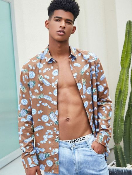 

men fruits print button up shirt z16f#, White;black