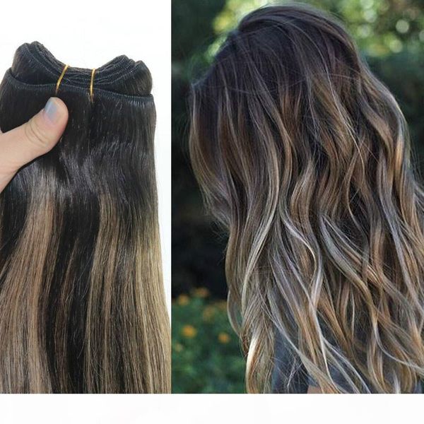 

human hair weave ombre dye color brazilian virgin hair weft bundle extensions balayage two tone 2#brown to #27 blonde, Black