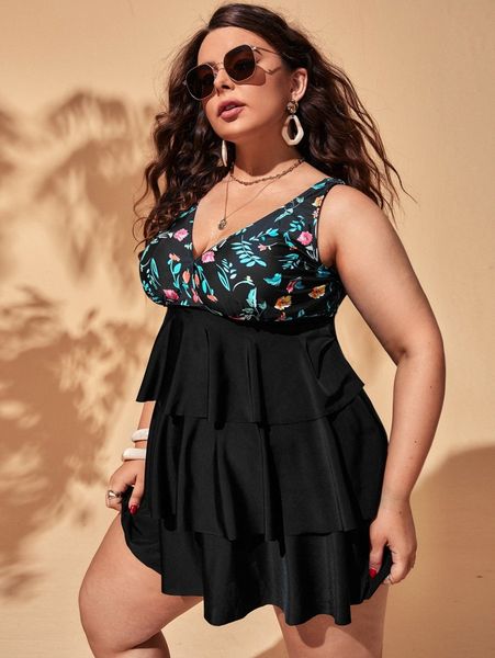 

plus floral print tiered layer bikini swimsuit w0sg#, Black
